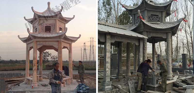 中式大理石涼亭安裝，石雕景觀亭子工廠，中式涼亭廠家